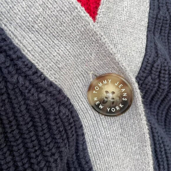 Tommy Hilfiger Colorblock Navy Red Gray Sweater Cardigan Size L Preppy Winter - Picture 3 of 7